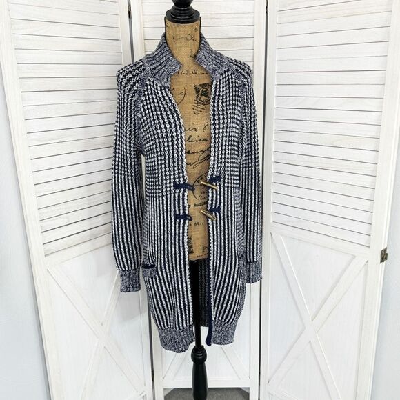 Gap Ribbed Toggle Front Long Cardigan Sweater Blue White XS Fisherman Nautical - Picture 1 of 16